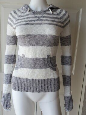 SO Y2k Grey & White Striped Pullover Hoodie Top Size XS